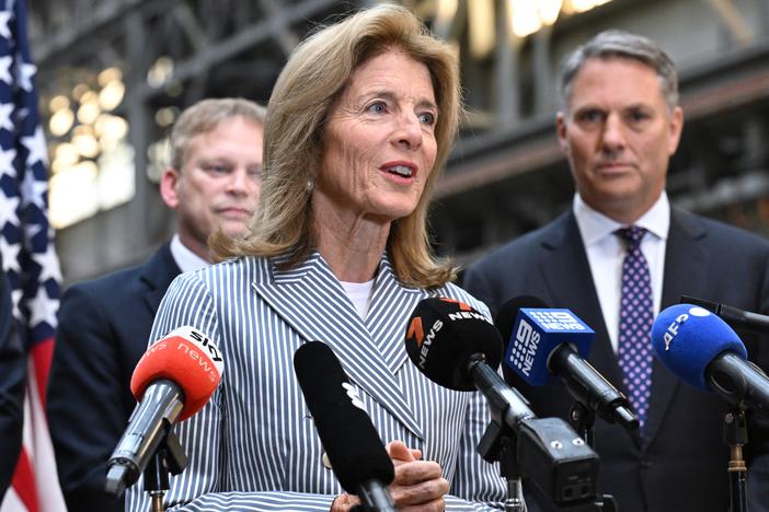 U.S. Ambassador to Australia Caroline Kennedy speaks during a tour of the Osbourne Naval Shipyards and Australian Submarine Corporation facilities in Adelaide, South Australia, on March 22, 2024.