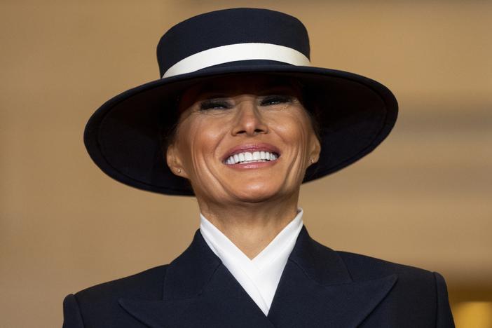 First lady Melania Trump looks on as President Donald Trump delivers remarks in Emancipation Hall during inauguration ceremonies at the U.S. Capitol on Inauguration Day.