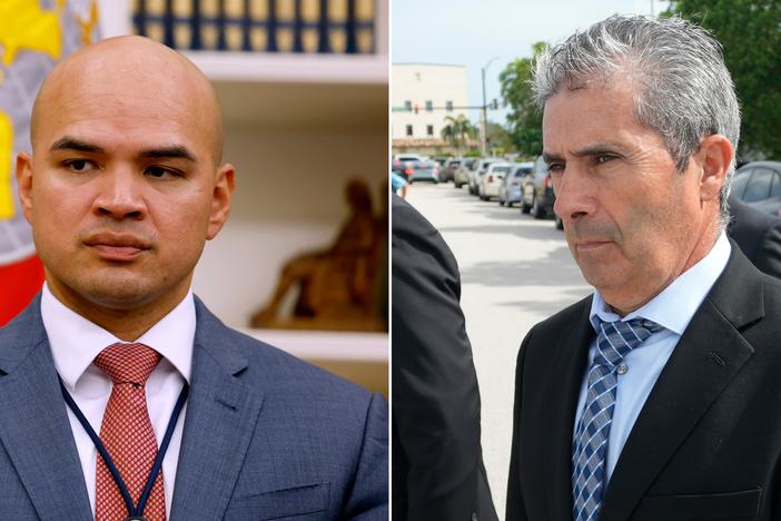Walt Nauta, an aide to President Trump, listens as Trump signs executive orders in the Oval Office on Jan. 23, in Washington, D.C. Right: Carlos De Oliveira, center, property manager of former Trump's Mar-a-Lago estate, leaves the U.S. Courthouse following his arraignment hearing on Aug. 15, 2023, in Fort Pierce, Fla.