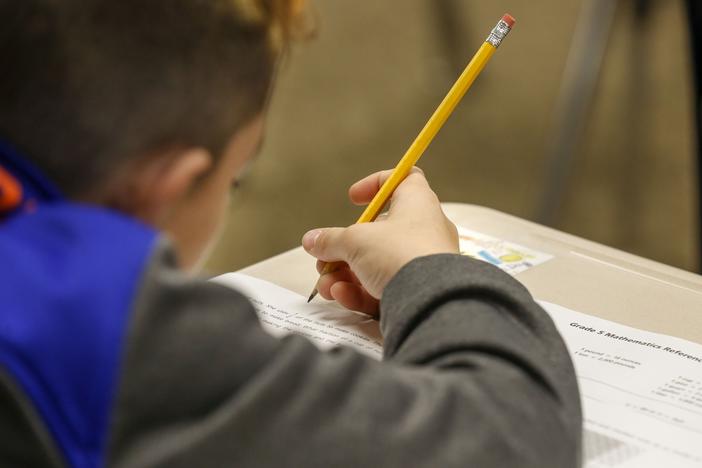 A student at Longwood Middle School in Middle Island, N.Y., takes a math test.