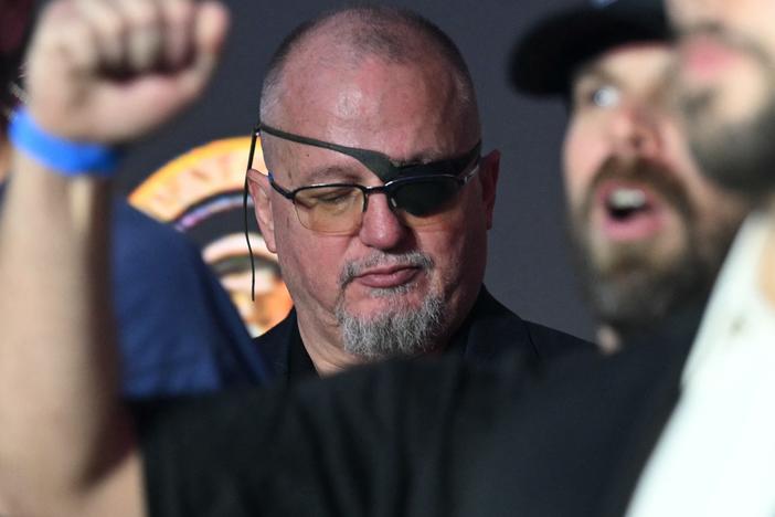 Oath Keepers founder Stewart Rhodes looks on as U.S. President Trump delivers remarks on his policy to end tax on tips in Las Vegas, Nevada, on Jan. 25, 2025.