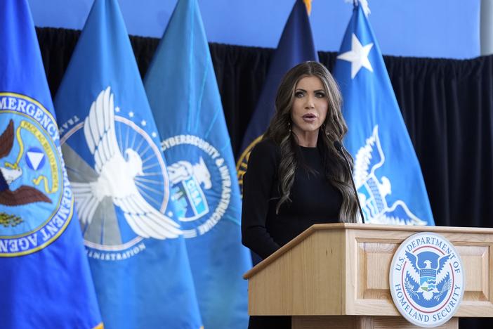 U.S. Homeland Security Secretary Kristi Noem delivers remarks to staff at the Department of Homeland Security headquarters on Jan. 28, in Washington, DC.