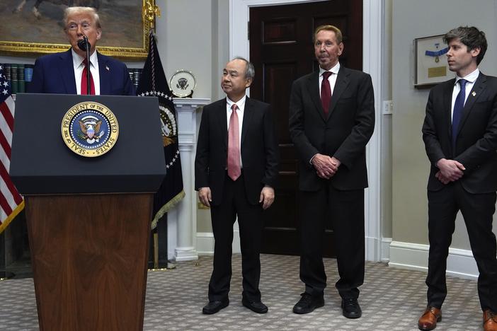 President Donald Trump, from left, speaks as Masayoshi Son, SoftBank Group CEO, Larry Ellison, chairman of Oracle Corporation and chief technology officer, and Sam Altman, OpenAI CEO listen in the Roosevelt Room at the White House, Tuesday, Jan. 21, 2025, in Washington.