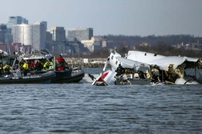 In this image provided by the U.S. Coast Guard, wreckage is seen in the Potomac River near Ronald Reagan Washington National Airport, Thursday, Jan. 30, 2025 in Washington.