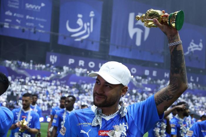 Neymar celebrates during the Saudi Pro League Trophy presentation at Kingdom Arena back in May of 2024.