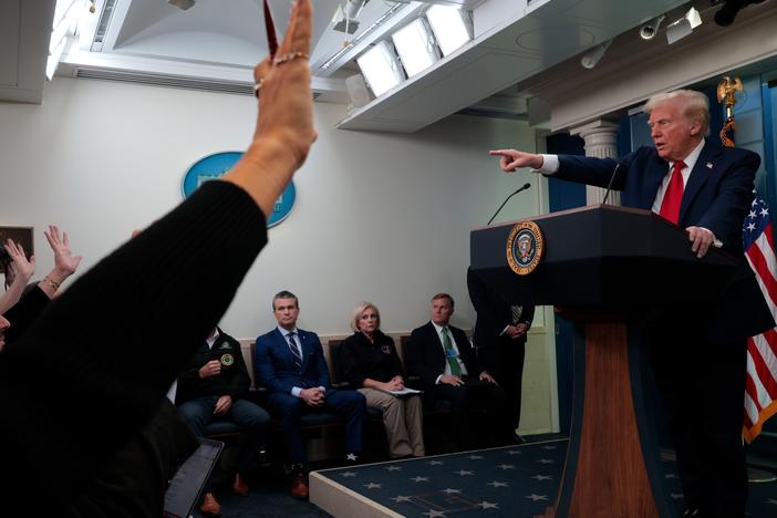 President Trump takes questions from reporters at the White House on Thursday about the collision of an American Airlines flight with a military Black Hawk helicopter near Ronald Reagan Washington National Airport.