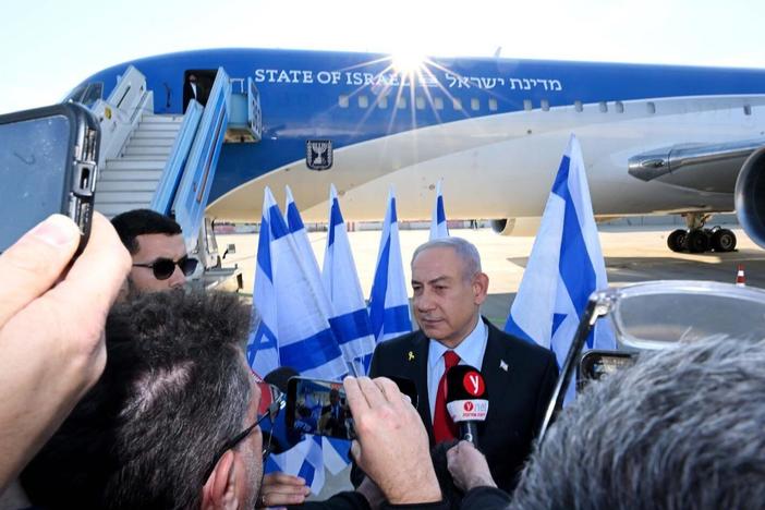 Israeli Prime Minister Benjamin Netanyahu makes statements at Ben Gurion Airport in Tel Aviv, Israel, on Sunday, ahead of his visit to Washington, D.C., where he will meet with President Trump this week.