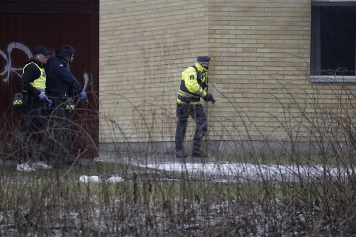 Police respond to a shooting at Risbergska School, in Örebro, Sweden, on Tuesday.