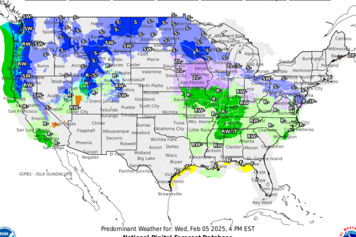 This graphic by NOAA shows forecasted wintry weather across parts of the U.S. for the afternoon of Wednesday, Feb. 5.
