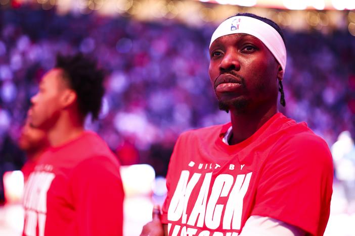 Chris Boucher #25 of the Toronto Raptors before the game against the LA Clippers on Sunday at the Scotiabank Arena in Toronto, Canada.