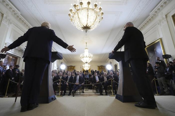 President Trump and Israeli Prime Minister Benjamin Netanyahu speak during a news conference in the East Room of the White House on Tuesday.