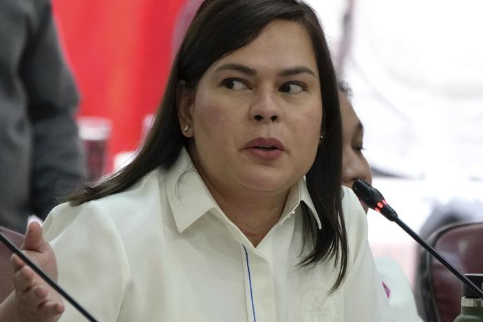 Philippine Vice President Sara Duterte gestures as she attends a hearing at the House of Representative in Quezon City, Philippines, Nov. 25, 2024.