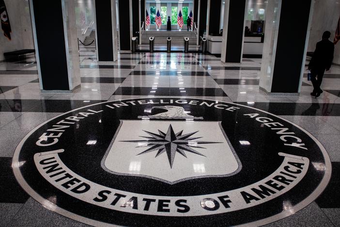 The agency seal on the floor of the lobby at the CIA in Mclean, Va.