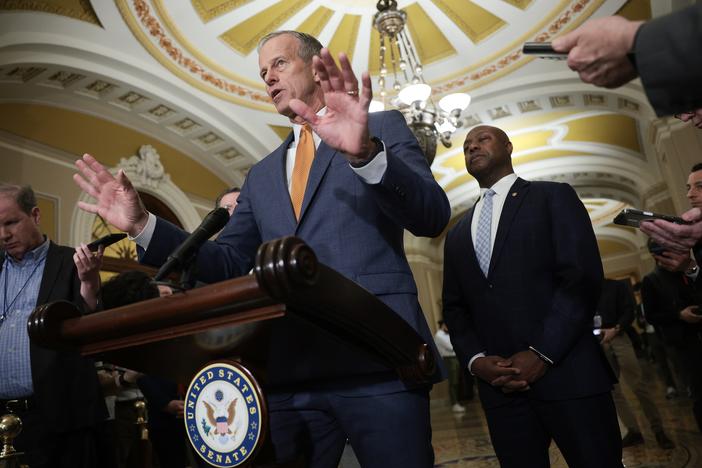 Senate Majority Leader John Thune, R-S.D.,answers questions at the U.S. Capitol following a weekly Republican policy luncheon on Tuesday.