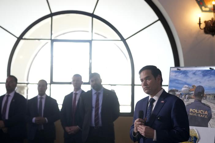 U.S. Secretary of State Marco Rubio speaks after a tour of a migrant return center and a demonstration of a dog trained to sniff out narcotics, at La Aurora International Airport in Guatemala City on Wednesday.