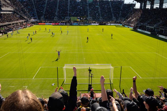 The fans of the Washington Spirit team, D.C.'s premiere women's soccer team, cheer en masse at Audi Field during the 2024 semifinals on November 16, 2024 in Washington, DC.