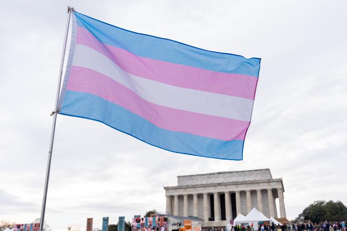 A person waves a transgender pride flag during the People's March and rally to the Lincoln Memorial in Washington, D.C., United States, on Jan. 18.