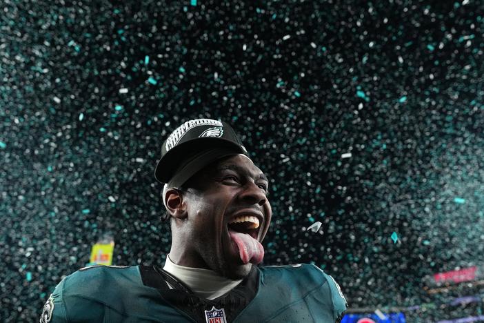 Jalyx Hunt of the Philadelphia Eagles celebrates after their 55-23 win against the Washington Commanders during the NFC Championship Game at Lincoln Financial Field on Jan. 26, 2025, in Philadelphia.