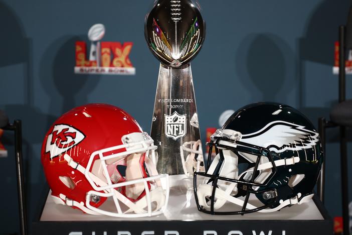 A Kansas City Chiefs helmet, the Vince Lombardi Trophy and a Philadelphia Eagles helmet are seen before the NFL Commissioner Roger Goodell's Super Bowl Press Conference ahead of Super Bowl LIX at Caesars Superdome on February 03, 2025 in New Orleans, Louisiana.