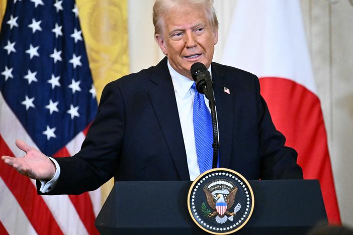 President Trump speaks during a joint press conference with Japanese Prime Minister Shigeru Ishiba following talks, in the East Room of the White House on Friday.