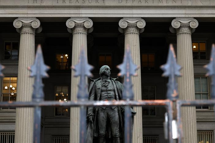 A statue of Alexander Hamilton is seen outside the U.S. Department of Treasury building in a 2023 file photo.