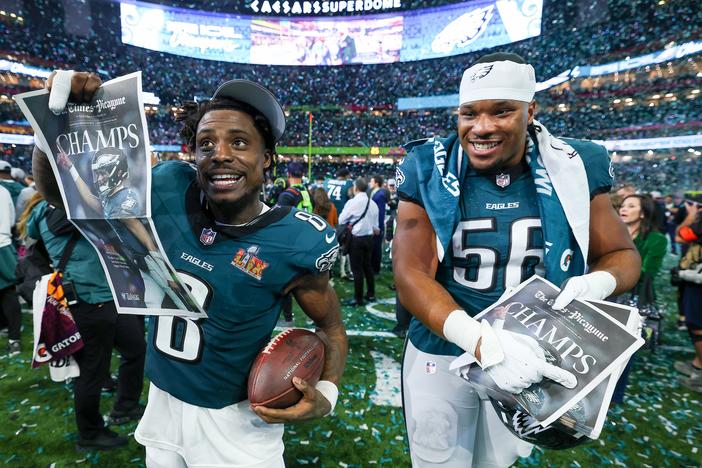 C.J. Gardner-Johnson #8 and Jalyx Hunt #58 of the Philadelphia Eagles celebrate after beating the Kansas City Chiefs 40-22 to win Super Bowl LIX at Caesars Superdome on February 09, 2025 in New Orleans, Louisiana.