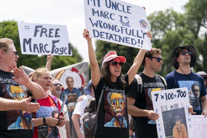 Ellen Keelan, center, and other family members rally outside the White House for the release of Marc Fogel, detained in Russia since August 2021, on July 15, 2023.