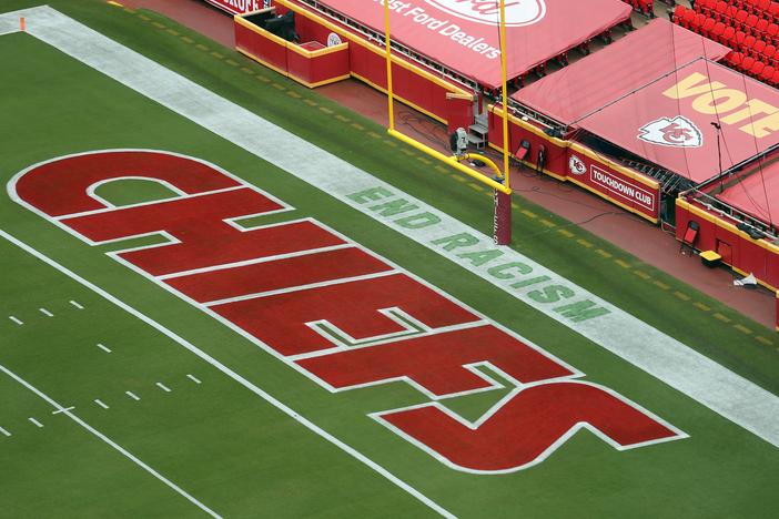 The NFL is removing the "End Racism" message from their end zones. Above, the Kansas City Chiefs' field in September 2020.