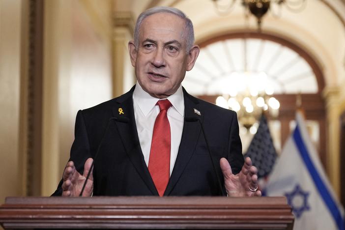 Israeli Prime Minister Benjamin Netanyahu speaks to the press at the U.S. Capitol, Feb. 7.