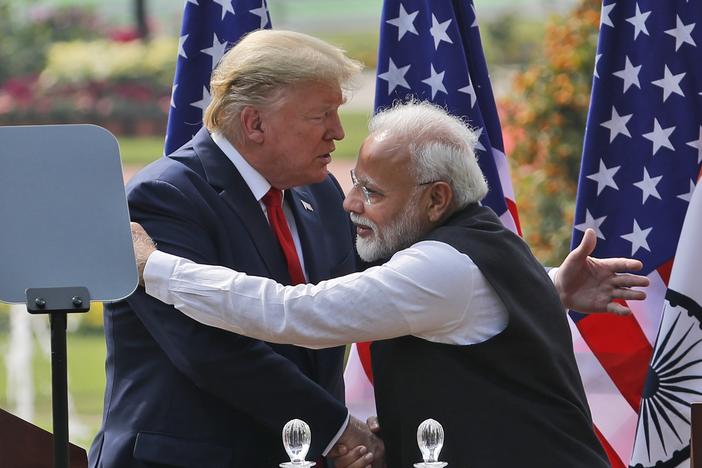 President Donald Trump and Indian Prime Minister Narendra Modi embrace after giving a joint statement in New Delhi, India, Feb. 25, 2020.
