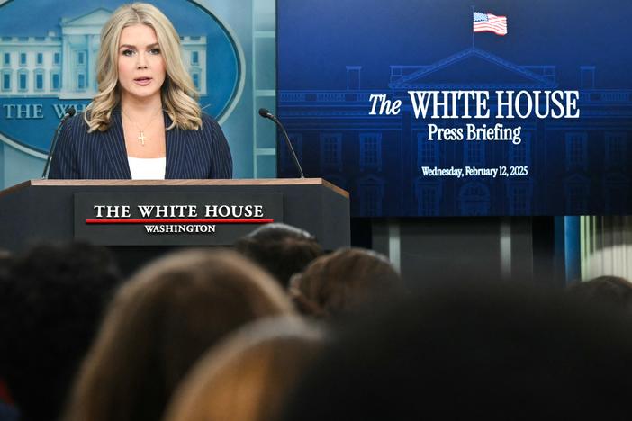 White House Press Secretary Karoline Leavitt speaks during the daily briefing in the Brady Briefing Room of the White House on Wednesday. Leavitt said judges blocking the Trump administration's actions were causing a constitutional crisis.