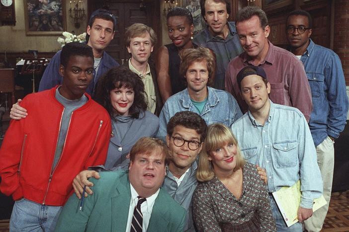Saturday Night Live is marking its 50th year with a weeklong celebration, including a blockbuster homecoming concert and a three-hour primetime special. Above, <em>SNL</em> cast members pose on the show's set in September 1992. Front row, from left: Chris Farley, Al Franken and Melanie Hutsell. Middle row, from left: Chris Rock, Julia Sweeney, Dana Carvey and Rob Schneider. Back row, from left: Adam Sandler, David Spade, Ellen Cleghorne, Kevin Nealon, Phil Hartman and Tim Meadows.