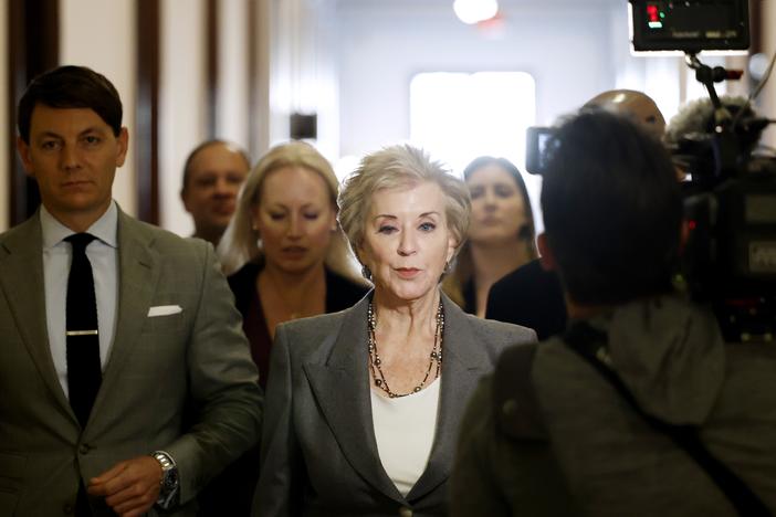 President Donald Trump's nominee to be Secretary of Education Linda McMahon arrives to meet with Sen. Tommy Tuberville (R-AL) in the Russell Senate Office Building on Dec. 9, 2024.
