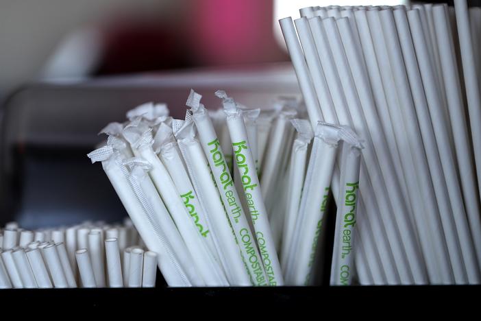 Paper straws sit on a bar in San Francisco in 2018. President Trump has signed an executive order decrying the "irrational campaign against plastic straws" and directing federal agencies to stop buying paper straws.