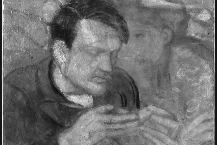 An infrared image of Portrait of Mateu Fernández de Soto, revealing another portrait underneath.