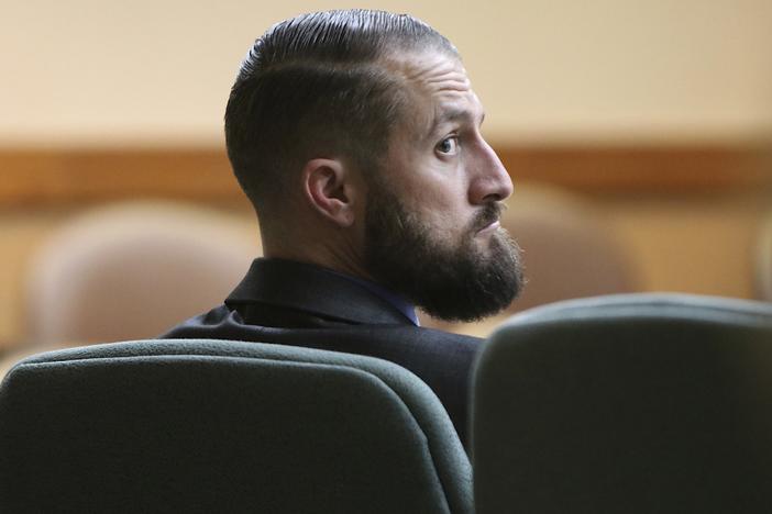 Former Las Cruces Police officer Brad Lunsford looks toward the gallery during his trial in the fatal shooting of Presley Eze, in Las Cruces, N.M., on Feb. 4.