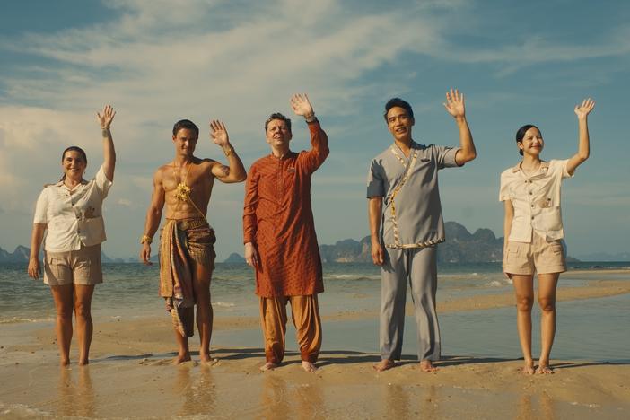 <br>Morgana O'Reilly, Arnas Fedaravičius, Christian Friedel, Dom Hetrakul and Lalisa Manobal play resort workers in Season 3 of <em>The White Lotus.</em>