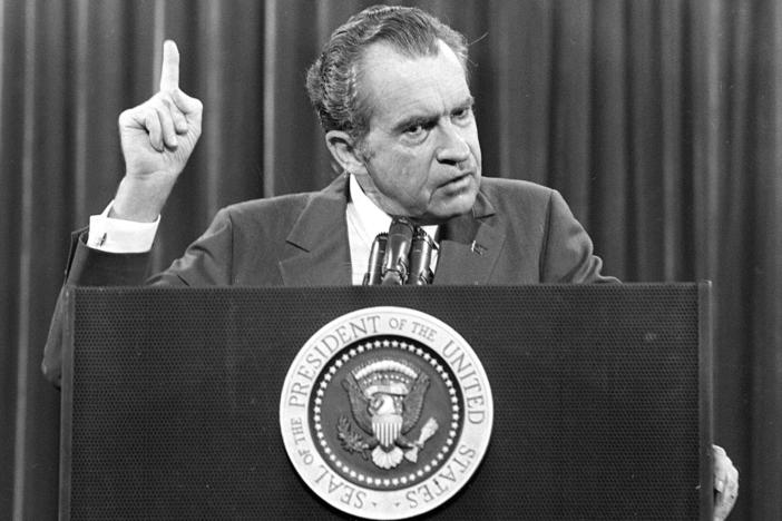 In this Nov. 17, 1973 file photo, President Richard Nixon speaks near Orlando, Fla. to the Associated Press Managing Editors annual meeting. Nixon told the APME "I am not a crook."