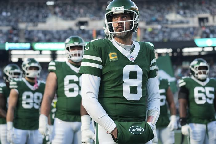 New York Jets quarterback Aaron Rodgers is seen before an NFL football game against the Miami Dolphins, Jan. 5, 2025, in East Rutherford, N.J.