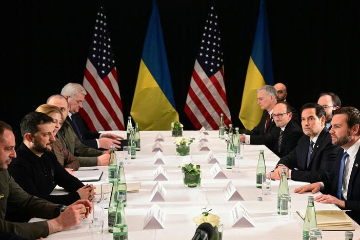 Vice President JD Vance and Ukrainian President Volodymyr Zelenskyy meet on the sidelines of the 61st Munich Security Conference in Germany on Friday.