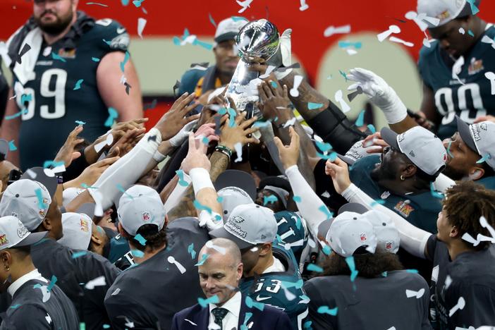 The Philadelphia Eagles celebrate with the Vince Lombardi Trophy after beating the Kansas City Chiefs 40-22 to win Super Bowl LIX at Caesars Superdome in New Orleans.