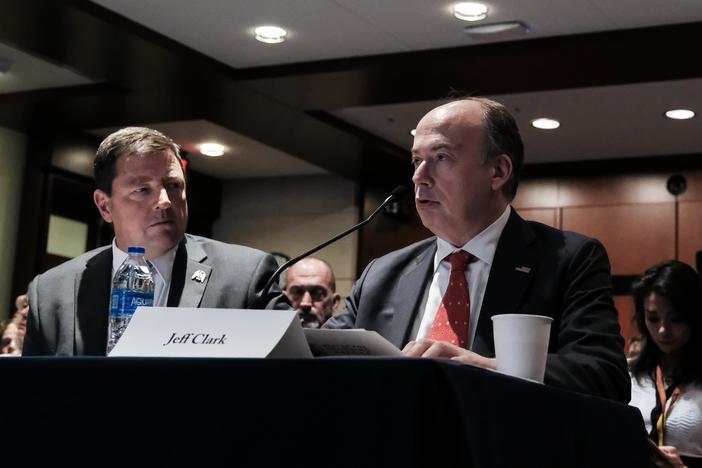 Ed Martin (left), then the president of the Eagle Forum Education & Legal Defense Fund, and Jeffrey Clark, former Acting Assistant Attorney General, speak during a January 6th field hearing at the U.S. Capitol on June 13, 2023.