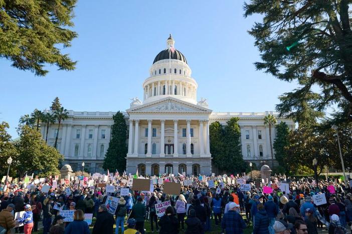 Crowds gather in front of the California Capitol Building during the "50 States 50 Protests 1 Day" protest against Project 2025 and the policies of President Donald Trump in Sacramento, Calif., on Feb. 5.