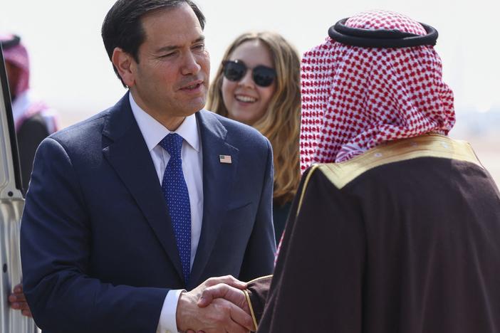 Secretary of State Marco Rubio is received by Saudi Arabia's Deputy Minister for Protocol Affairs Abdulmajeed al-Smari upon arrival at King Khalid International Airport in Riyadh on Monday.