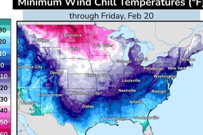 A National Weather Service graphic shows the minimum wind chill temperatures expected across the U.S. this week as multiple states brace for a blast of cold air.