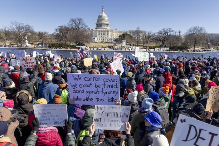 Thousands of people demonstrated at the Presidents Day protest against President Donald Trump and Elon Musk at the U.S. Capitol on Monday in Washington, D.C.