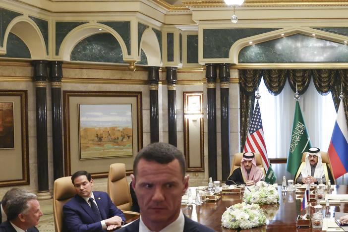 U.S. Secretary of State Marco Rubio, second left, Saudi Foreign Minister Prince Faisal bin Farhan Al Saud, Saudi national security adviser Mosaad bin Mohammad Al-Aiban, Russian Foreign Minister Sergei Lavrov, right, and Russian President Vladimir Putin's foreign policy adviser, Yuri Ushakov, second right, attend their meeting at Diriyah Palace, in Riyadh, Saudi Arabia on Tuesday.