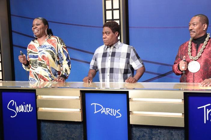 Leslie Jones (from left), Tracy Morgan and Eddie Murphy during the "Black Jeopardy" sketch during <em>SNL50: The Anniversary Special</em>.