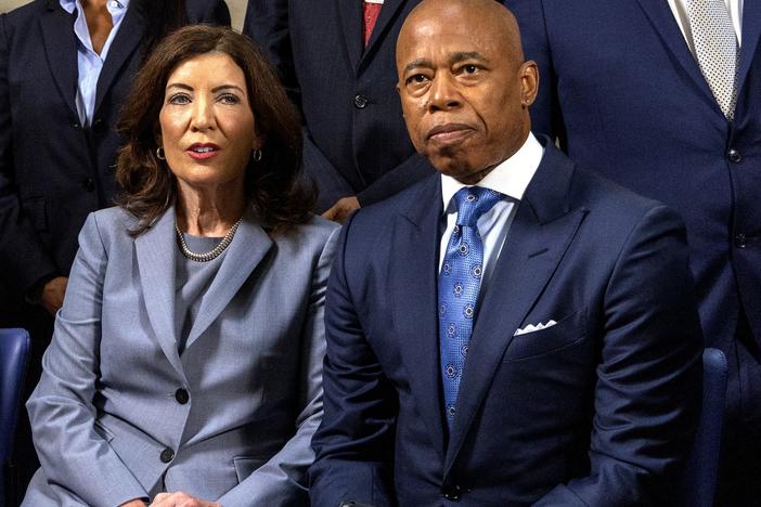 New York Governor Kathy Hochul, at left, has signaled she may use her authority to force New York City Mayor Eric Adams, a fellow Democrat, from office.  Hochul said she plans to meet with "key leaders" on Tuesday before reaching a decision about what she described as "troubling" conduct.