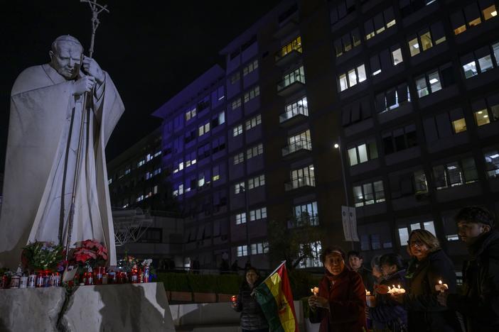 Faithful pray for Pope Francis outside the Policlinico A. Gemelli Hospital in Rome, where Pope Francis is hospitalized.